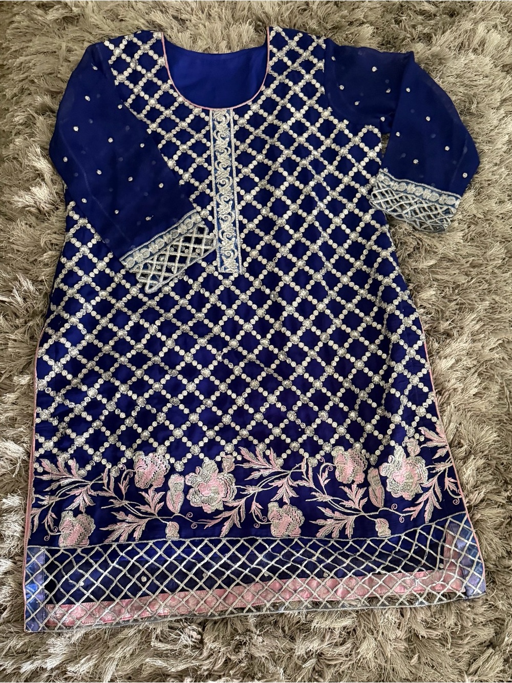 Royal Blue and Pink Embellished Floral Dress 3 pcs